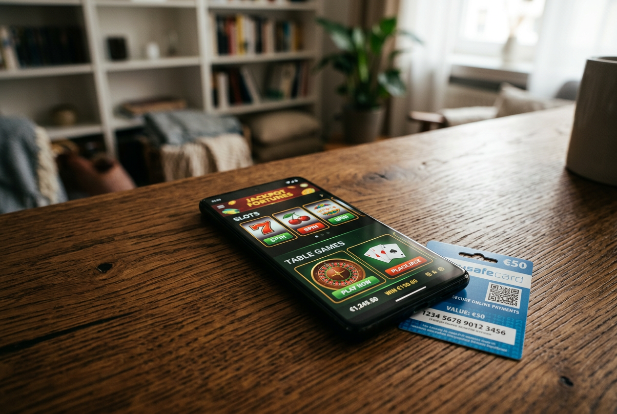 Ένα smartphone που δείχνει ένα online καζίνο δίπλα σε μια κάρτα Paysafecard.