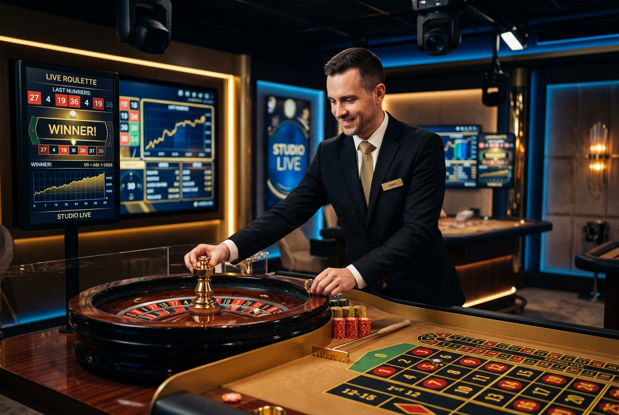 A luxury live casino studio with a professional dealer at a roulette table.